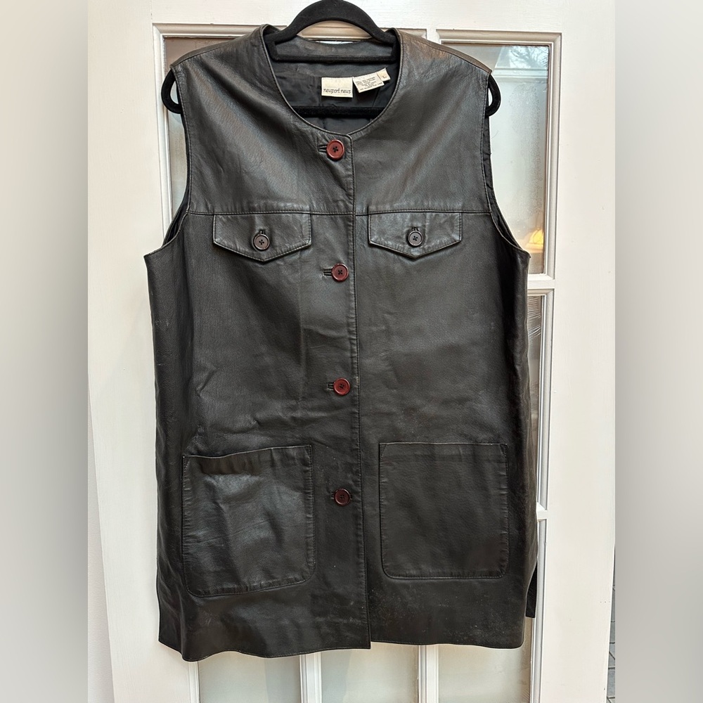 Vintage Newport News Western Black Genuine Leather Vest Jacket Size Large L
